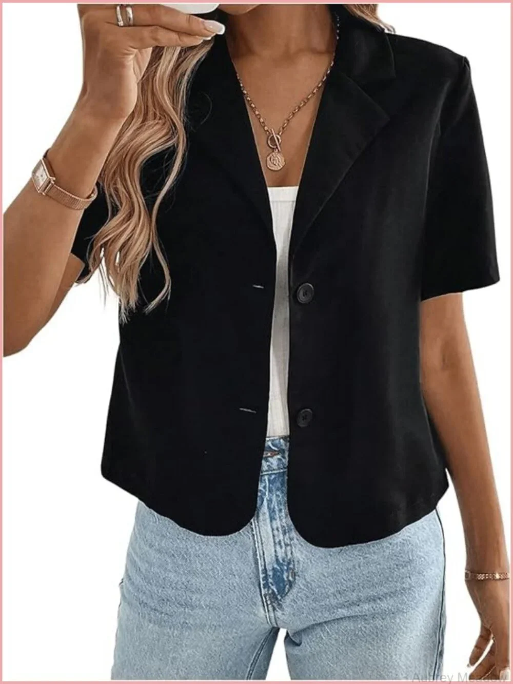 Short Sleeve Cropped Suit Blazer Business Casual Button Down Jacket